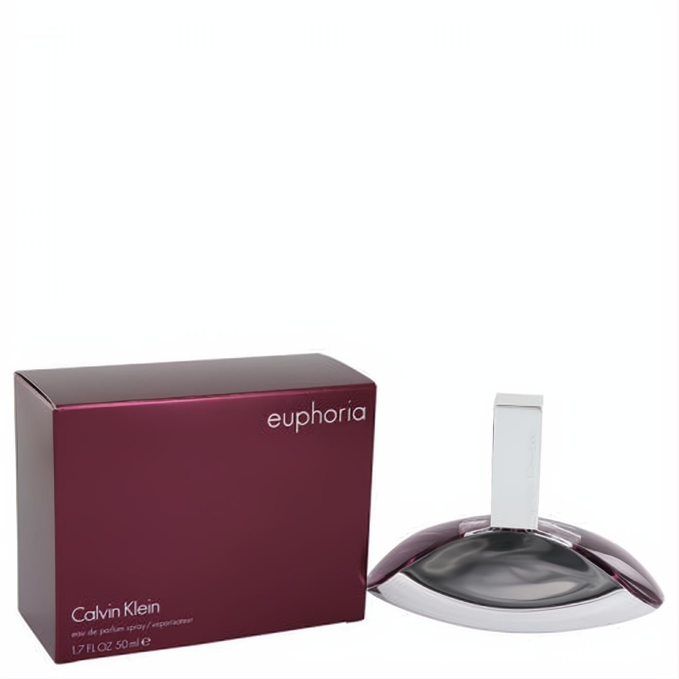 Discover Calvin Klein Euphoria 1.7 oz EDP, a captivating fragrance in a unique metallic purple bottle with a matching burgundy box.