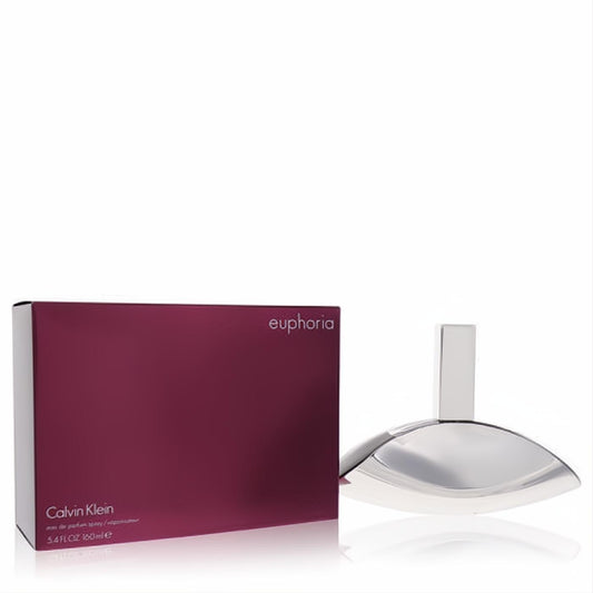 Iconic Calvin Klein Euphoria 5.4 oz EDP with a sleek, curved silver bottle and luxurious purple packaging.