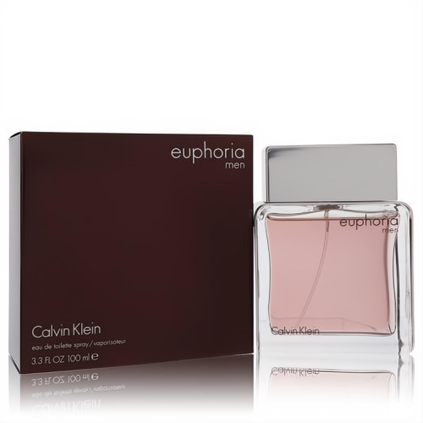 Calvin Klein Euphoria Men 3.3 oz EDT. Sleek clear glass bottle with silver cap and sophisticated dark brown box.