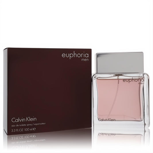 Calvin Klein Euphoria Men 3.3 oz EDT. Sleek clear glass bottle with silver cap and sophisticated dark brown box.