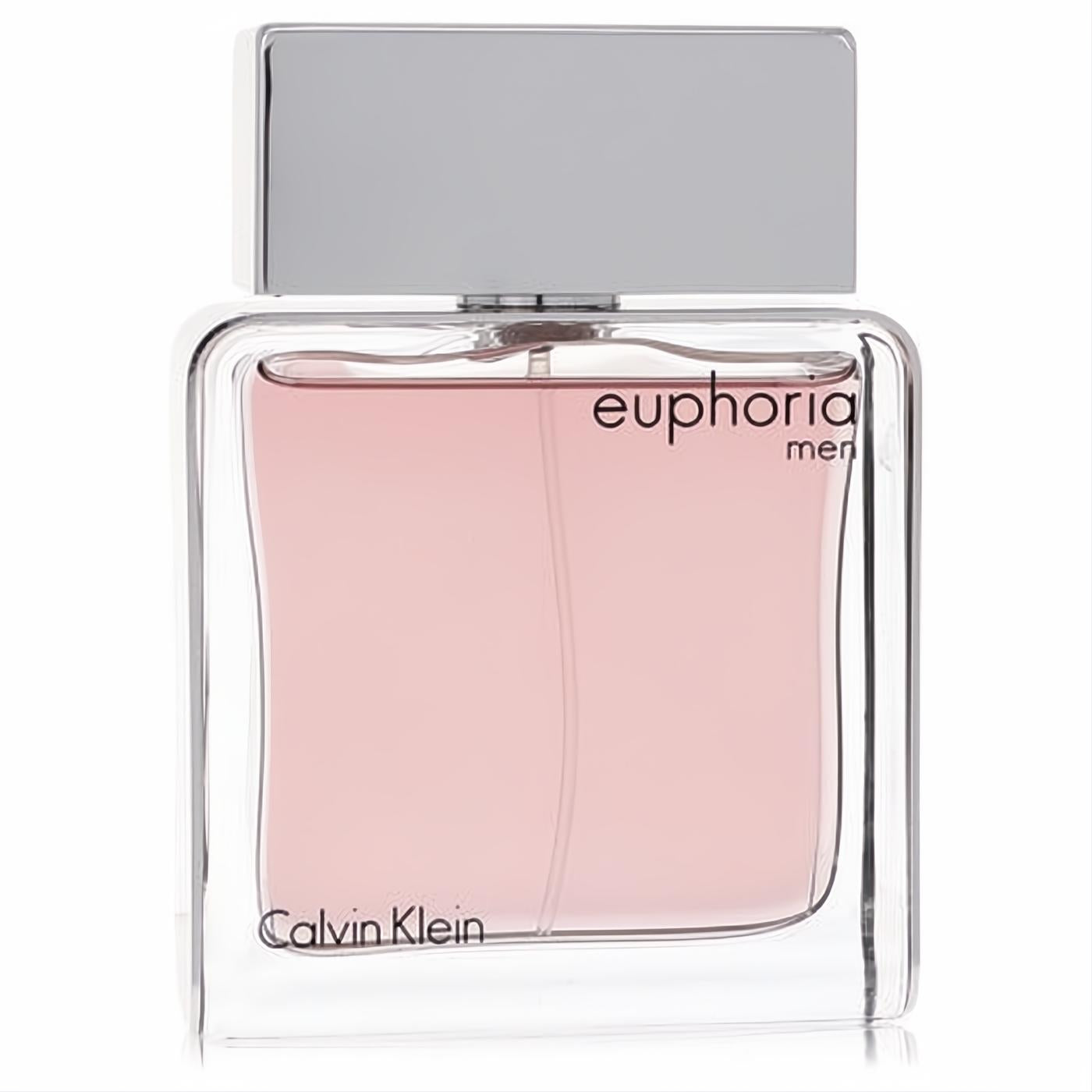 Sophisticated Calvin Klein Euphoria Men 3.4 oz EDT tester. Features elegant pink liquid in a clear glass bottle with a sleek silver cap.
