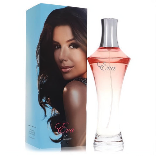 Eva by Eva Longoria 3.4 oz EDP. Elegant pink fragrance in a sleek glass bottle with silver cap, next to its blue box featuring Eva.