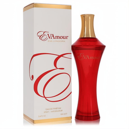 Alluring Evamour by Eva Longoria 3.4 oz red perfume bottle with sleek gold cap, displayed with its chic white and gold box.