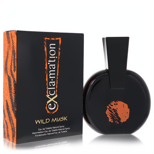 Distinctive black Exclamation Wild Musk perfume bottle with unique angular cap and vibrant orange abstract art, beside its tiger-stripe box.
