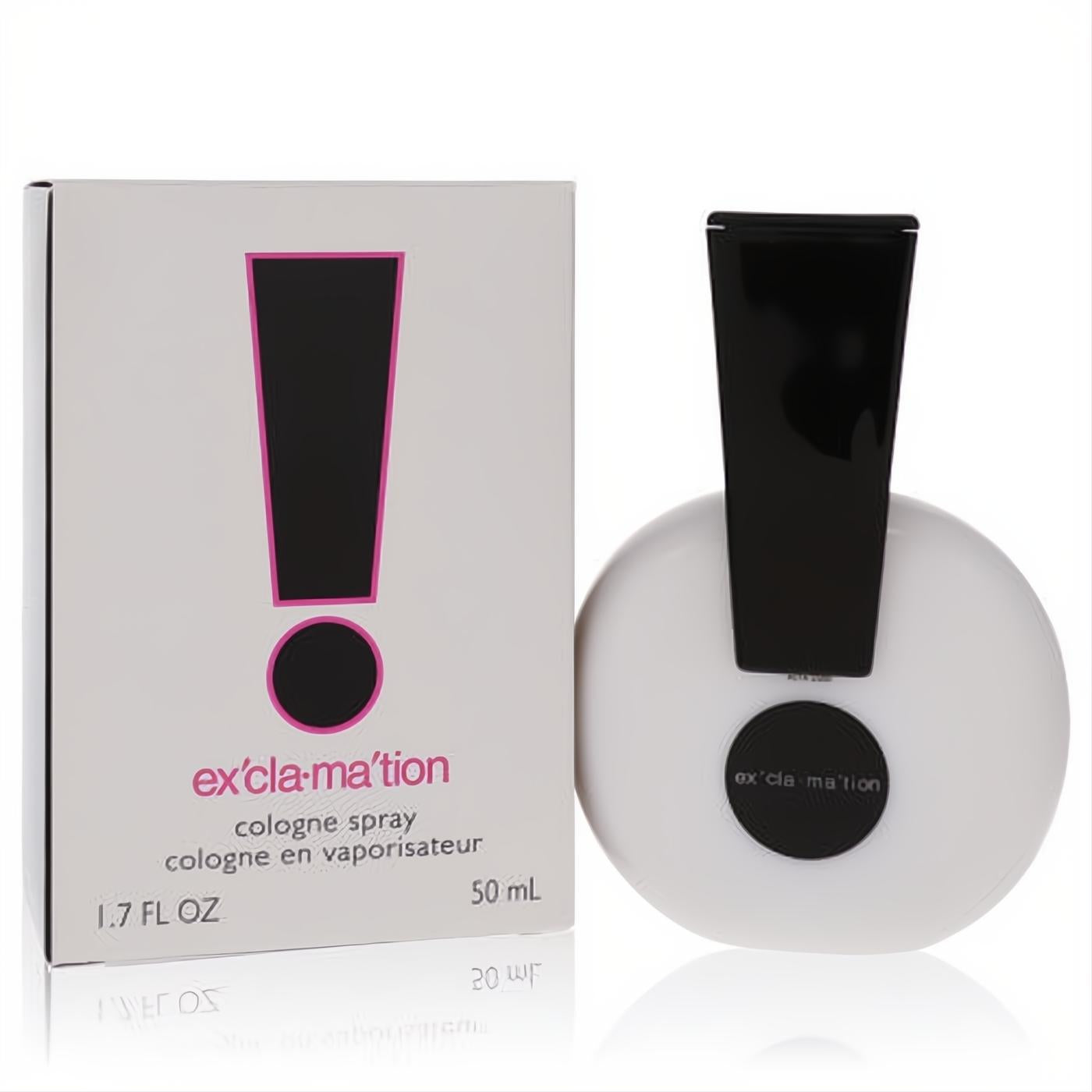 Exclamation by Coty 1.7 oz cologne spray. Iconic white bottle with bold black exclamation mark cap, displayed with its pink and white box.