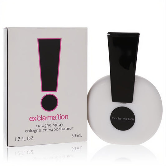 Exclamation by Coty 1.7 oz cologne spray. Iconic white bottle with bold black exclamation mark cap, displayed with its pink and white box.