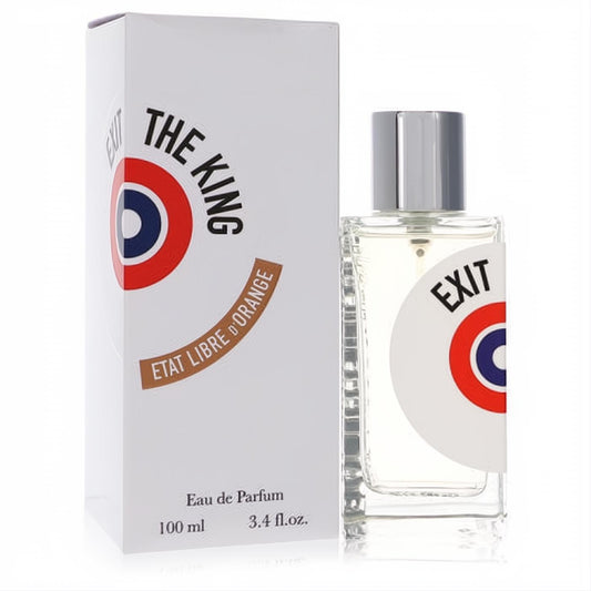 Exit The King 3.4 oz EDP. Sleek clear glass bottle with silver cap, white box featuring bold red/blue logo.