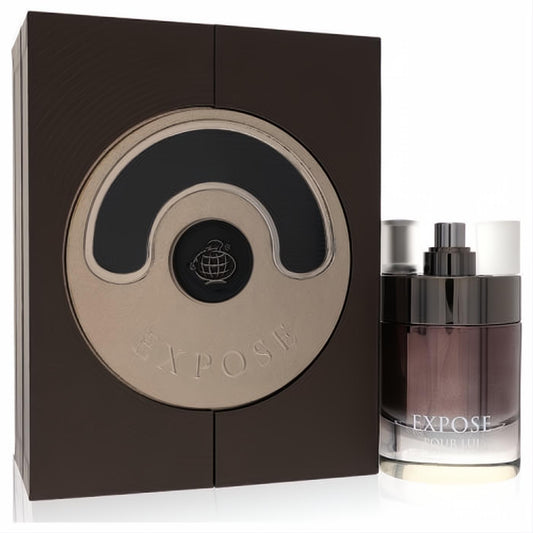 Sophisticated Expose Lui 2.7 oz EDP in a sleek dark brown box with metallic design and a clear bottle of rich, dark fragrance.
