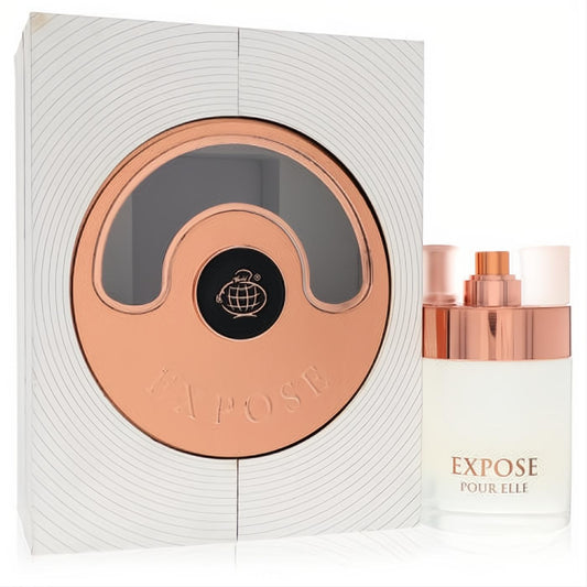 Expose Pour Elle 2.7 oz EDP. Elegant frosted white bottle with a striking rose gold cap, showcased with its sophisticated white box.
