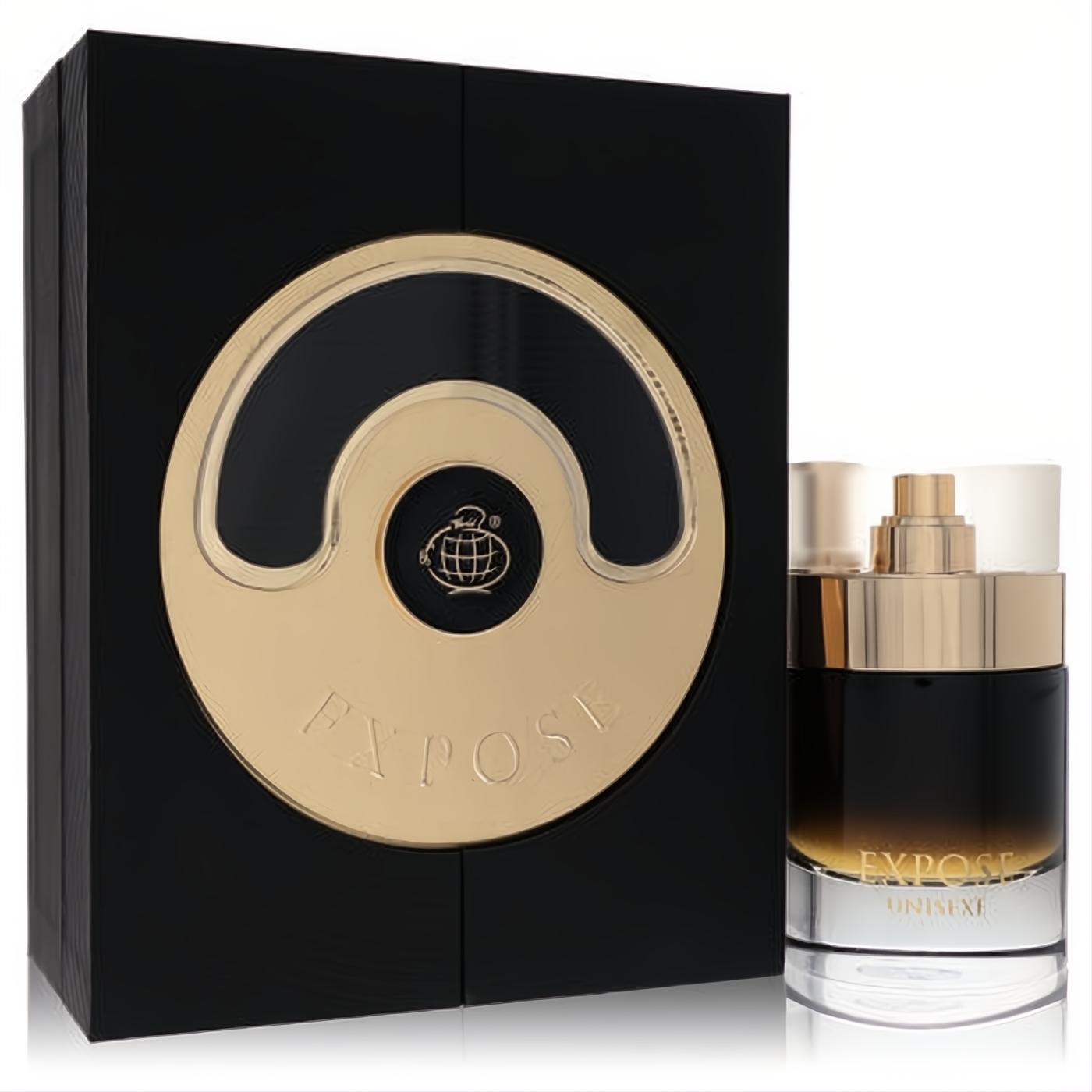 Expose Unisexe 2.7 oz EDP. Elegant black and gold bottle with a luxurious matching box featuring a bold gold circular design.