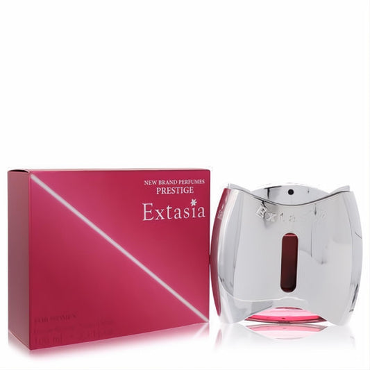 Captivating Extasia by New Brand Eau De Parfum. Unique silver curved bottle reveals pink fragrance, paired with a sleek pink 3.3 oz box.