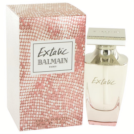 Stunning Extatic Balmain 2 oz Eau De Toilette spray, featuring an elegant clear bottle and a luxurious rose gold snakeskin box.