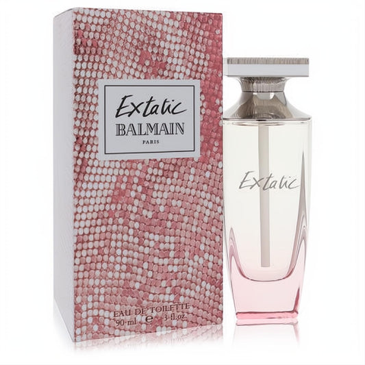 Extatic Balmain 3 oz Eau De Toilette spray for women, featuring a sleek pink-tinted bottle and a luxurious rose gold snakeskin box.