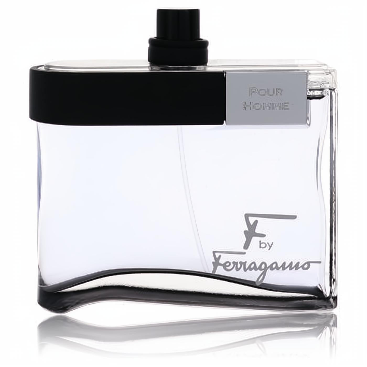 Sophisticated F Black by Salvatore Ferragamo Pour Homme EDT spray. Clear glass bottle with sleek black band and cap.