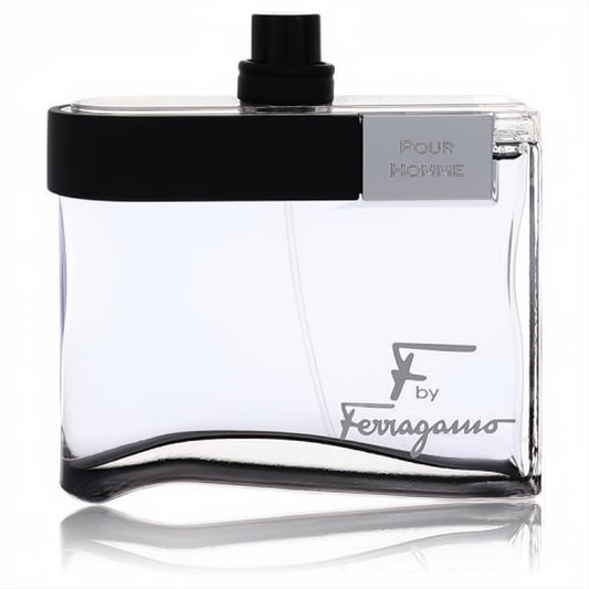 Sophisticated F Black by Salvatore Ferragamo Pour Homme EDT spray. Clear glass bottle with sleek black band and cap.