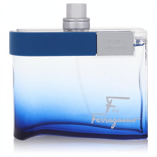 Salvatore Ferragamo F Free Time men's EDT spray. Modern 3.4 oz blue ombre glass bottle with sleek silver cap.