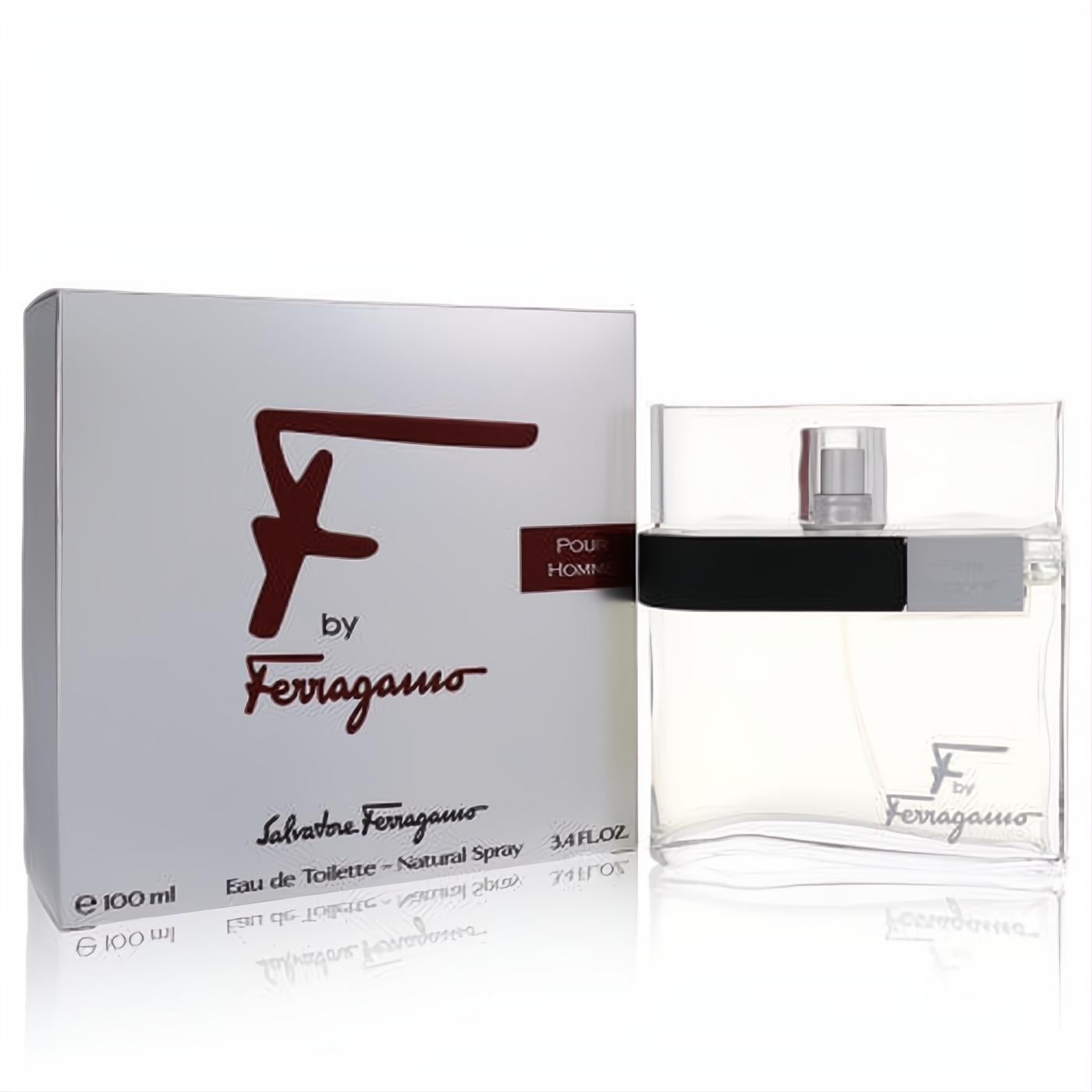 F by Salvatore Ferragamo 3.4 oz Eau De Toilette for men. Clear glass bottle with a black band, next to its sleek silver box.