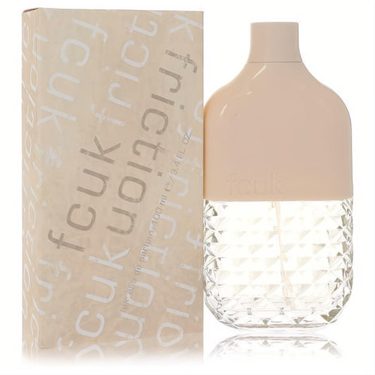 FCUK Friction 3.4 oz Eau De Parfum in a chic bottle featuring a clear faceted glass base and a smooth peach-toned cap, with its matching box.