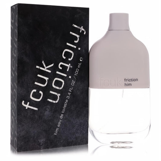 Modern FCUK Friction Him 3.4 oz EDT spray in a sleek grey and clear glass bottle, beside its bold black textured box.