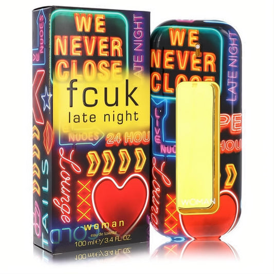 FCUK Late Night 3.4 oz women's Eau De Toilette. Striking neon sign bottle and box with a sleek gold panel, perfect for bold nights.