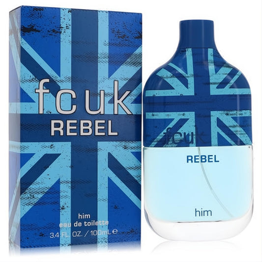 FCUK Rebel 3.4 oz men's EDT. Bold blue bottle and box with distressed Union Jack flag design. Make an edgy statement.