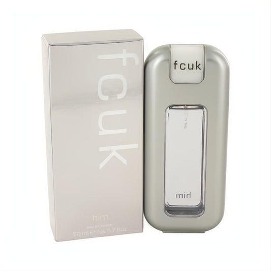 Bold FCUK Him 1.7 oz Eau De Toilette spray in a sleek silver bottle with clear panel, presented with its modern matching box.
