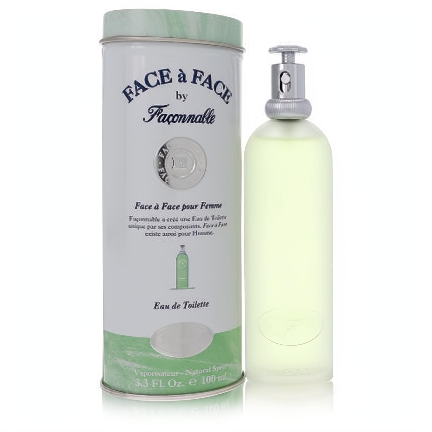 Elegant Face A Face by Faconnable 3.4 oz Eau De Toilette in frosted glass bottle with silver sprayer and stylish white-green tin.