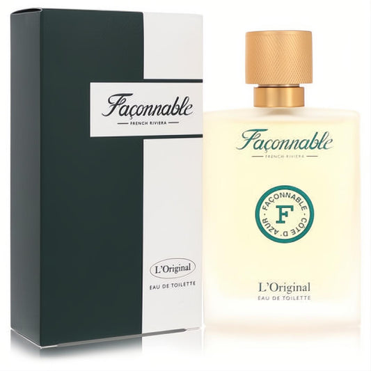 Elegant Faconnable L'Original 3 oz Eau De Toilette for men in a frosted glass bottle with a gold cap and matching dark green box.