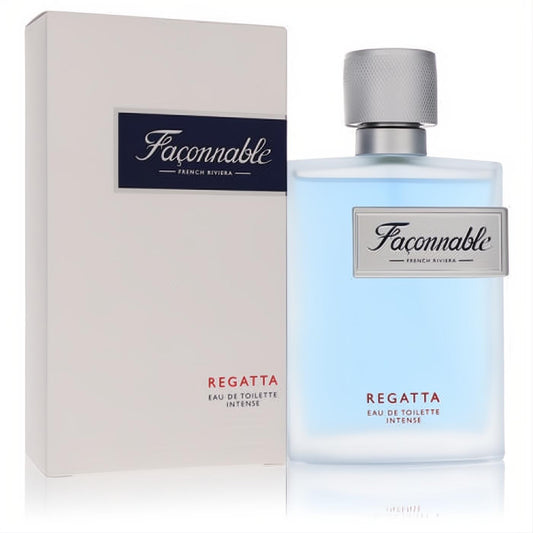 Faconnable Regatta 3 oz EDT Intense for men. Frosted blue bottle with sleek silver cap and metallic label, displayed with its white box.