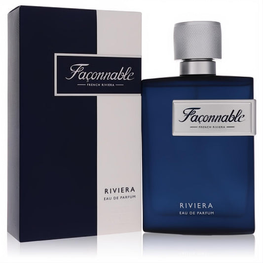 Faconnable Riviera men's Eau De Parfum. Sophisticated navy blue glass bottle with a textured silver cap and elegant matching box.