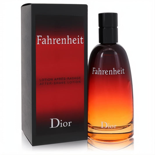 Fahrenheit by Dior After Shave. Striking ombre glass bottle, dark red to orange, with elegant black box.