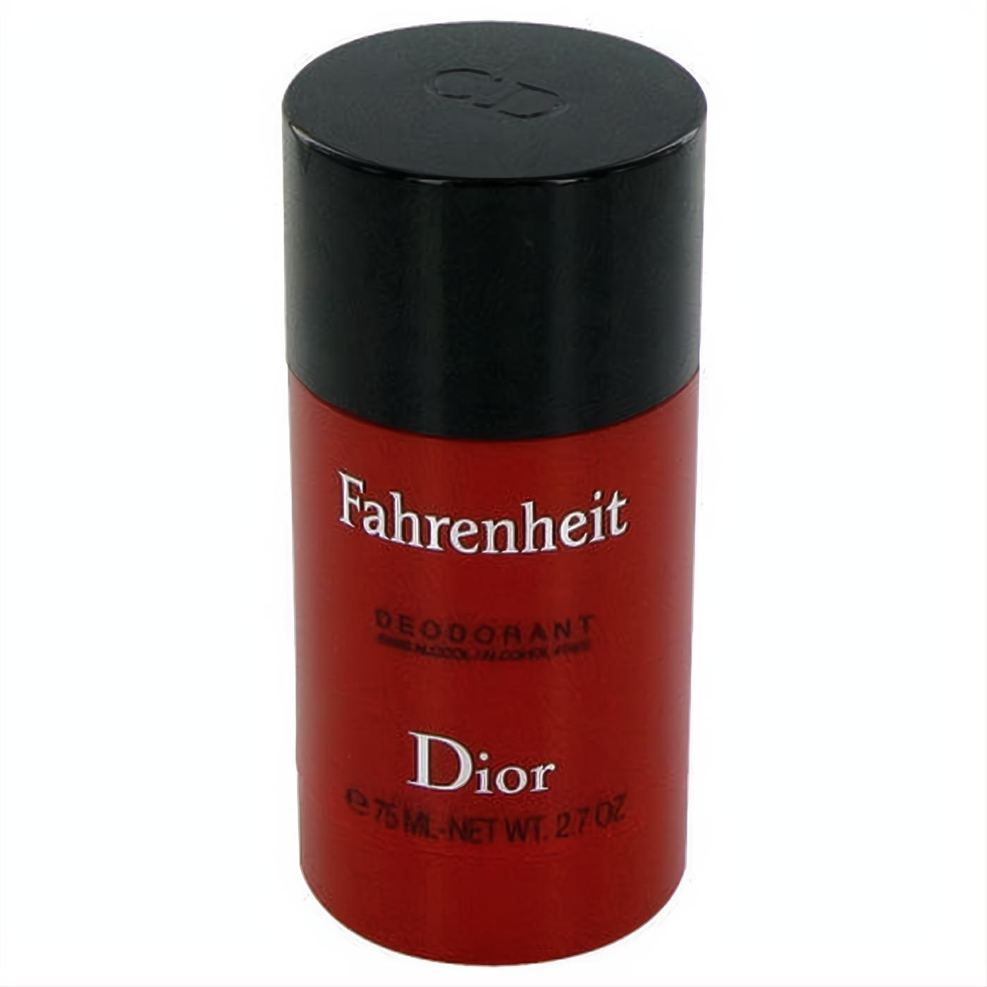 Fahrenheit by Dior men's 2.7 oz deodorant stick. Striking red cylindrical design with a sleek black cap and prominent branding.
