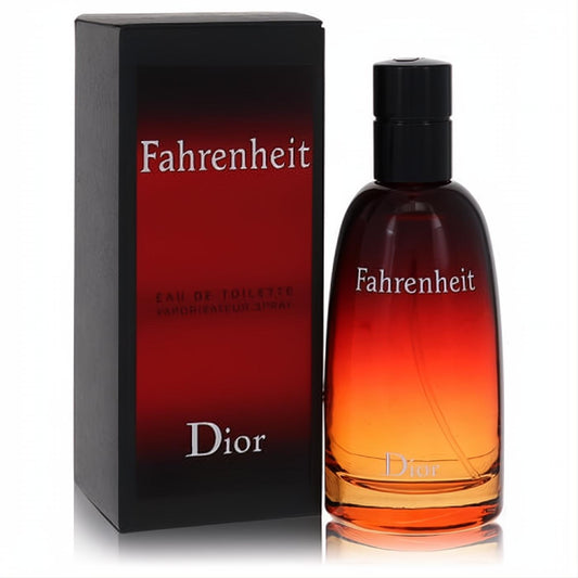 Fahrenheit by Dior 1.7 oz EDT spray. Iconic red-orange gradient glass bottle and sleek black box for men.