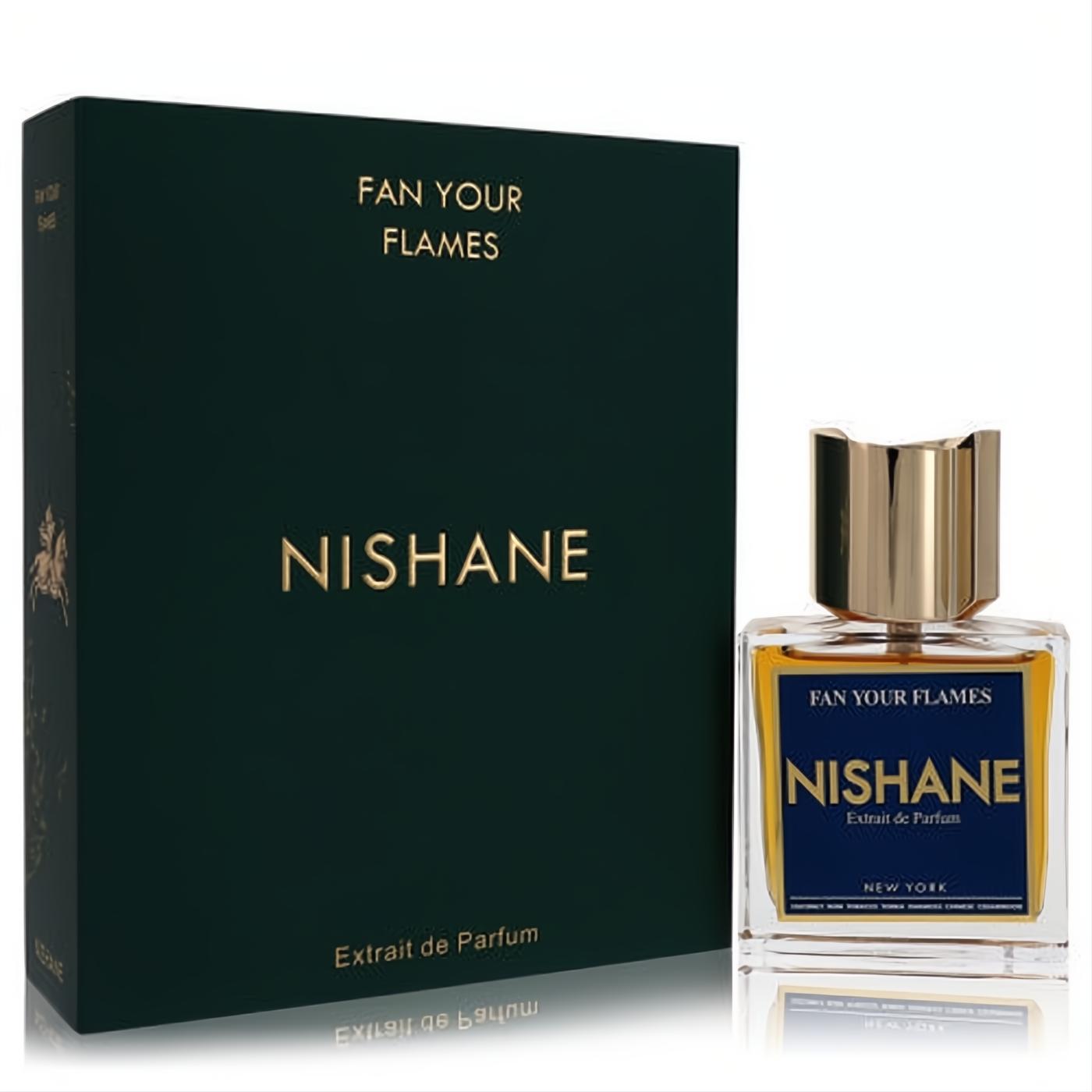Experience Nishane Fan Your Flames 1.7 oz Extrait de Parfum. Dark green box, elegant clear glass bottle with amber liquid and gold cap.
