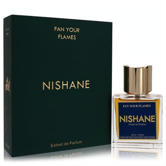 Experience Nishane Fan Your Flames 1.7 oz Extrait de Parfum. Dark green box, elegant clear glass bottle with amber liquid and gold cap.
