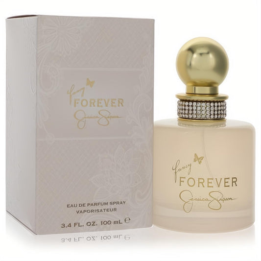 Luxurious Jessica Simpson Fancy Forever 3.4 oz EDP. Frosted glass bottle with sparkling rhinestone collar, gold cap, and elegant embossed box.