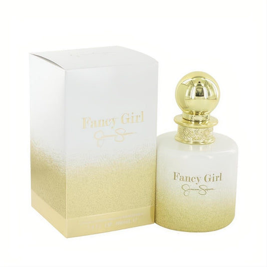 Elegant Fancy Girl Jessica Simpson 3.4 oz EDP. White-to-gold ombré bottle with a luxurious gold cap and matching box.