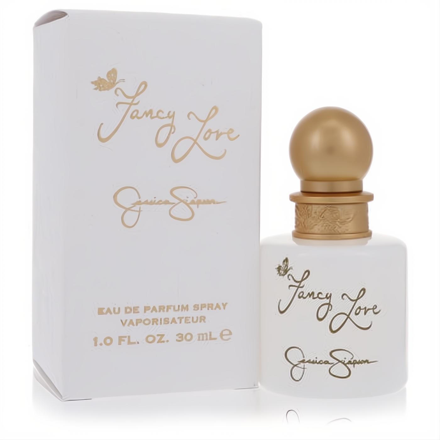 Elegant Fancy Love Jessica Simpson 1 oz EDP spray. White bottle, gold cap, and romantic gold script with butterfly detail.