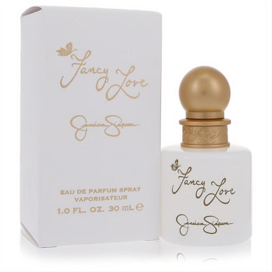 Elegant Fancy Love Jessica Simpson 1 oz EDP spray. White bottle, gold cap, and romantic gold script with butterfly detail.