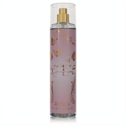 Fancy by Jessica Simpson 8 oz fragrance mist. Clear bottle with soft lavender liquid, elegant gold butterflies, and script.