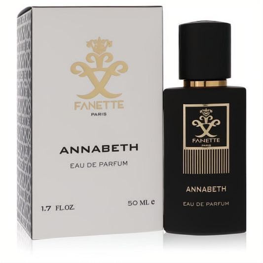 Fanette Annabeth 1.7 oz Eau De Parfum. Sleek black bottle with gold accents and elegant white box with gold logo.
