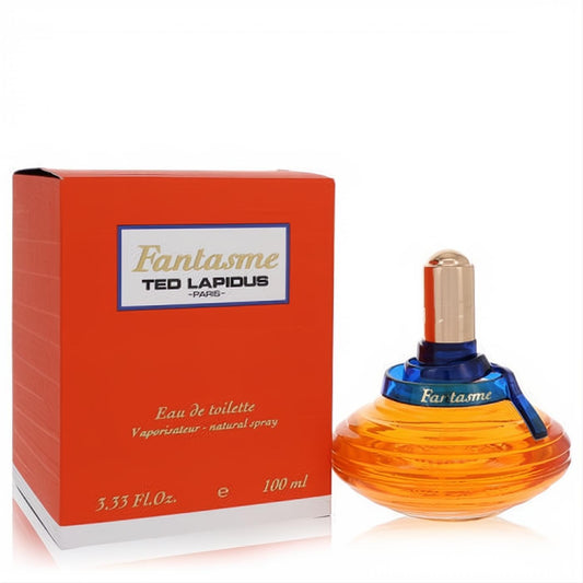 Fantasme Ted Lapidus 3.3 oz EDT spray: captivating amber ribbed bottle, gold cap, blue ribbon, and vibrant orange box.