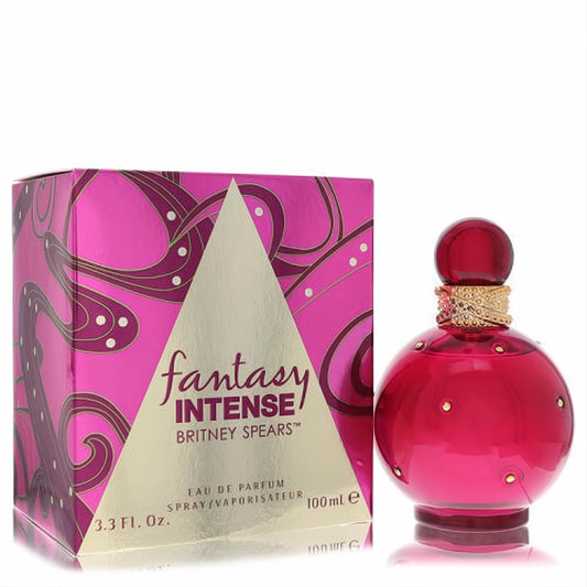 Iconic Britney Spears Fantasy Intense 3.3 oz Eau De Parfum. Vibrant fuchsia bottle with sparkling gold studs and decorative box.