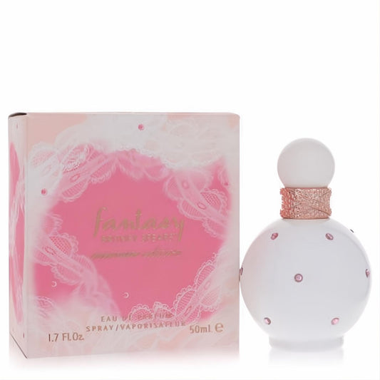 Elegant white Britney Spears Fantasy Intimate 1.7 oz perfume bottle with sparkling pink gems, rose gold neck, and soft pink lace box.