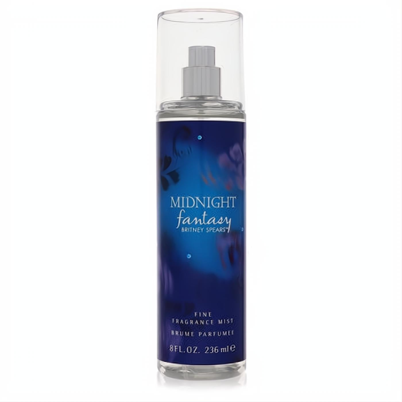 Enchanting Britney Spears Midnight Fantasy Fine Fragrance Mist, 8 oz. Dark blue bottle with mystical purple design.