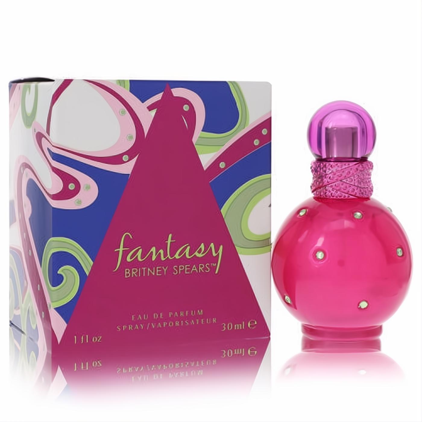 Captivating Britney Spears Fantasy 1 oz EDP spray in a sparkling pink spherical bottle with green gems, beside its vibrant box.