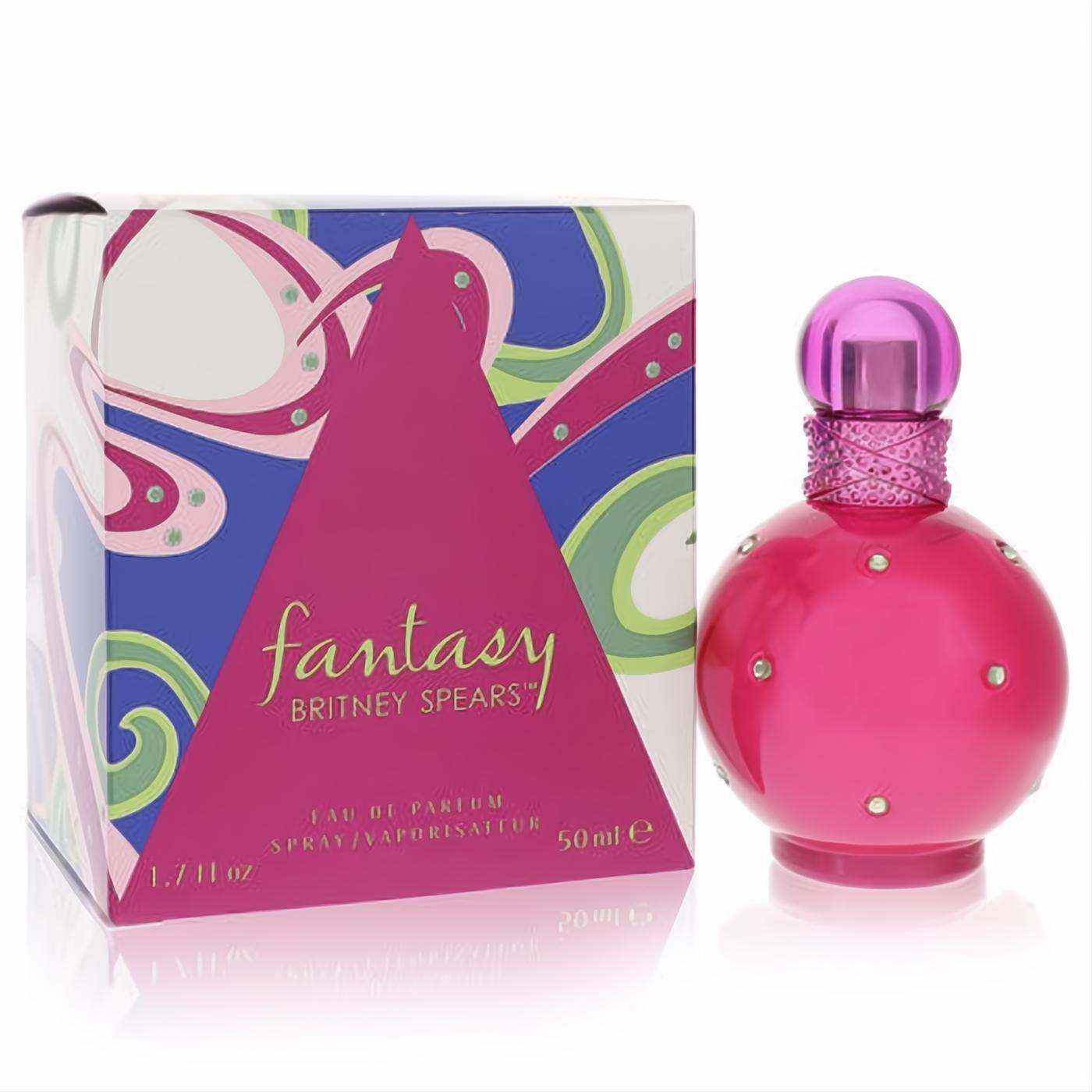 Britney Spears Fantasy 1.7 oz EDP. Iconic hot pink spherical bottle with sparkling green crystals and a vibrant, whimsical box.