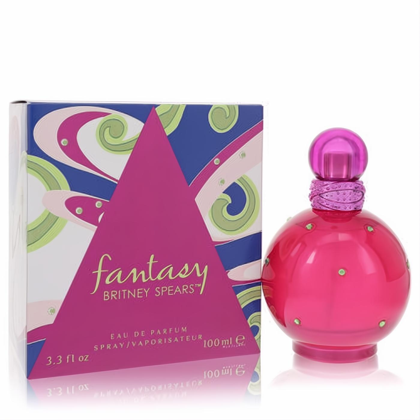 Britney Spears Fantasy 3.3 oz EDP. Dazzling fuchsia spherical bottle with green gems, metallic cap, and vibrant artistic box.