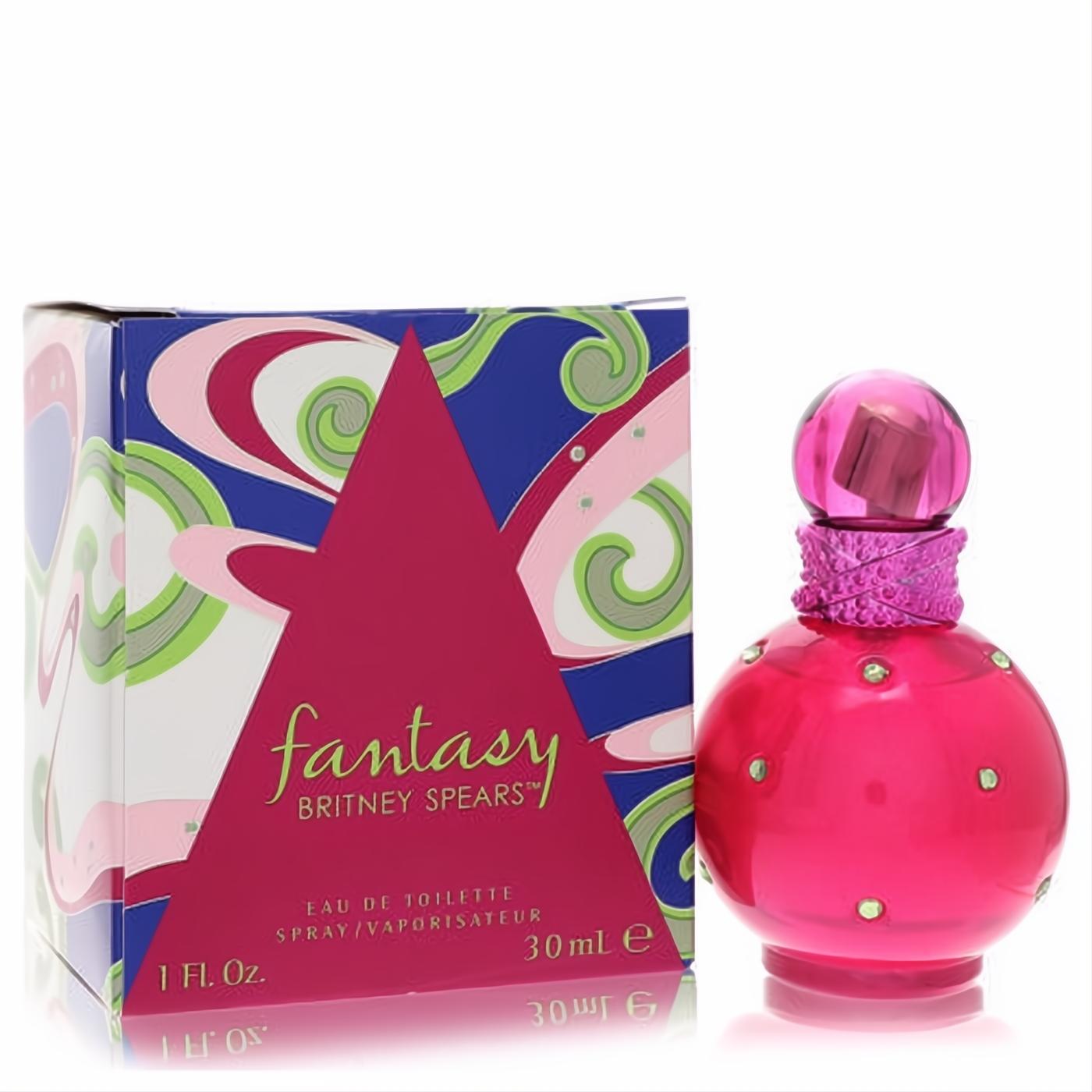 Iconic Britney Spears Fantasy 1 oz EDT in a dazzling fuchsia bottle with green gems, next to its vibrant, artistic box.