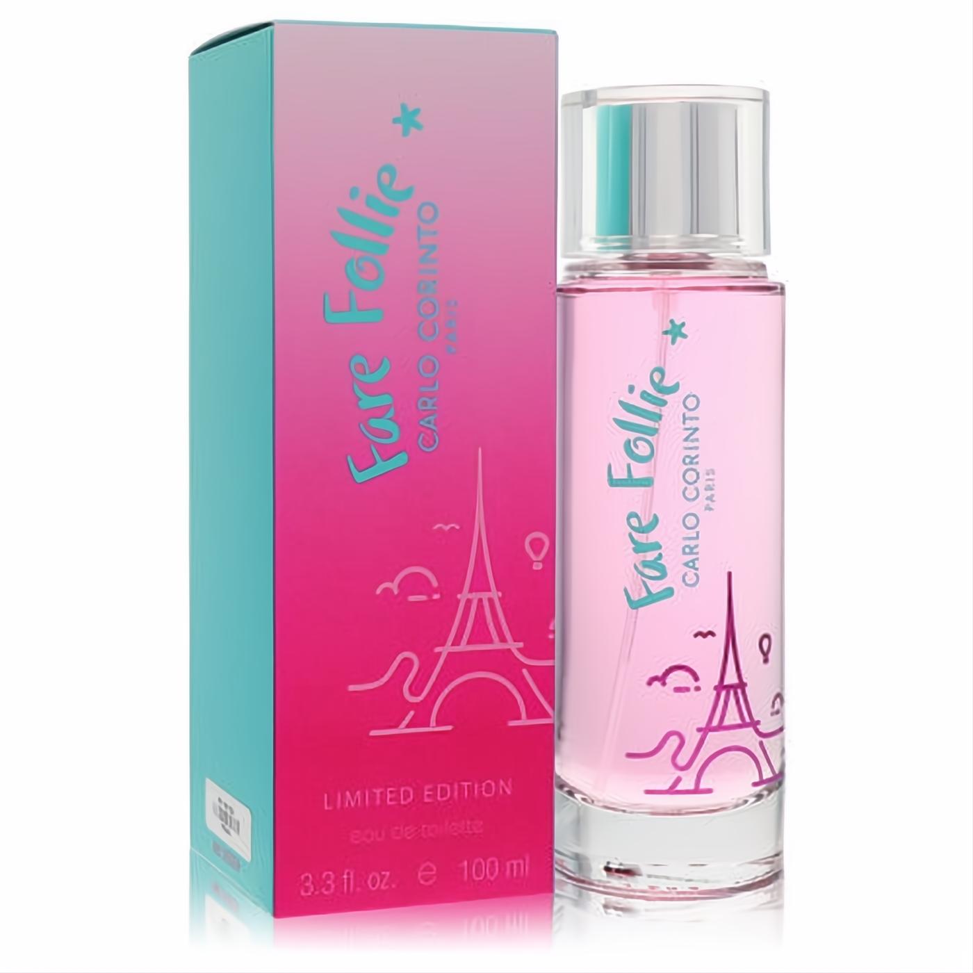 Fare Follie Carlo Corinto Limited Edition 3.3 oz women's Eau De Toilette. Pink bottle with Eiffel Tower design, paired with a vibrant pink and blue box.